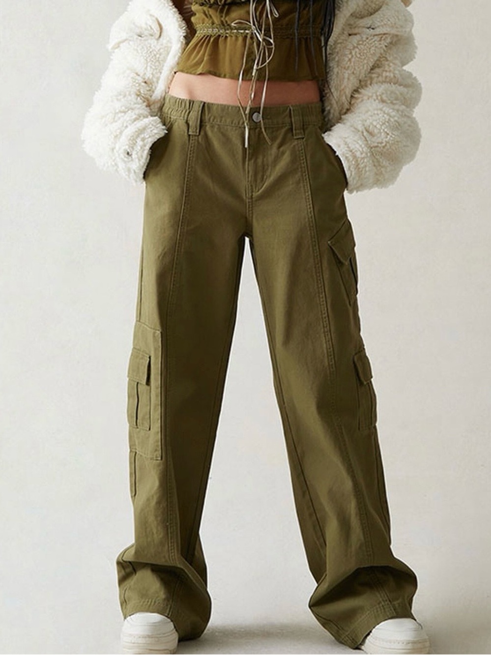 PacSun Olive Green Wide-Leg  Low-Rise Puddle Cargo Pants